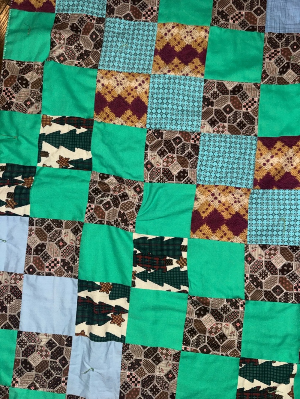 Turquoise Patchwork Quilted Bedspread with Multicolor Blocks - Picture 3 of 7